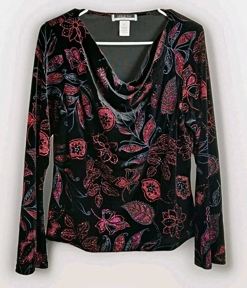 Leslie Fay Womens L Black Red Floral Velvet Glitter Cowl Neck Long Sleeve Top